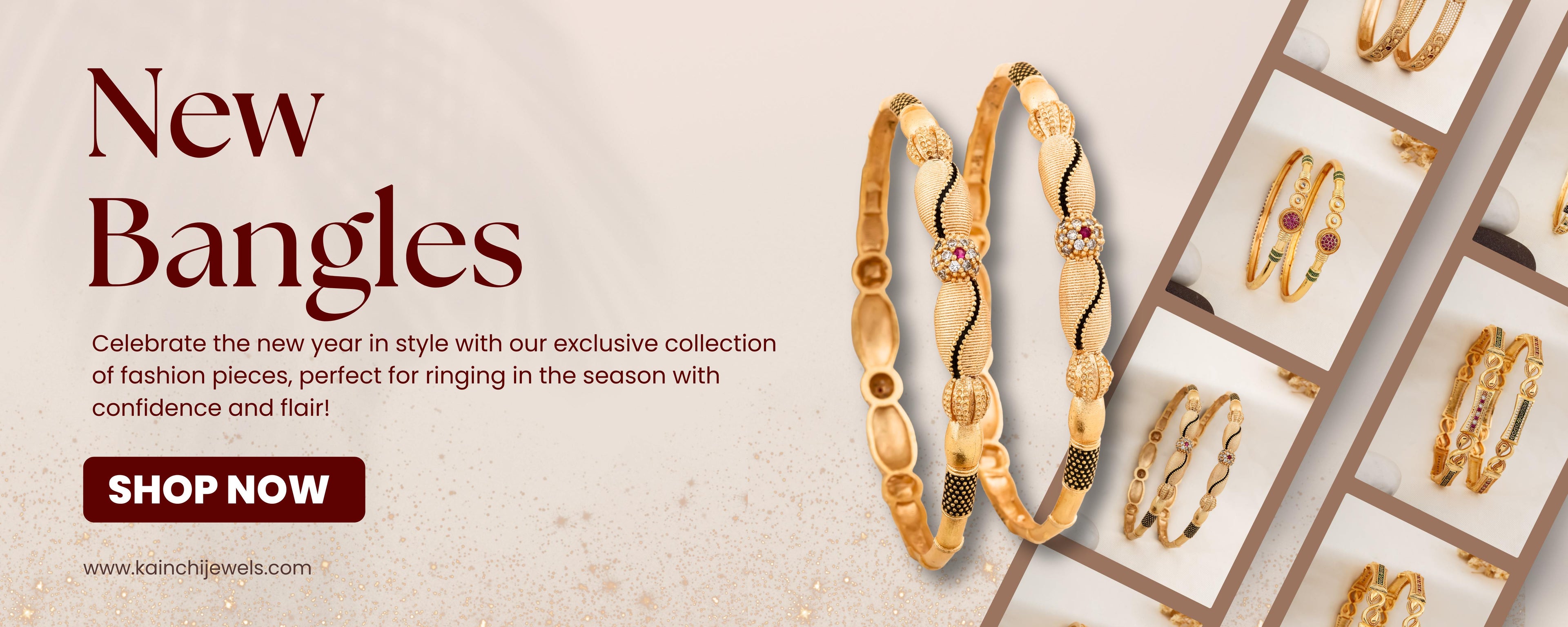 Advertisement for gold bangles with text on a beige background