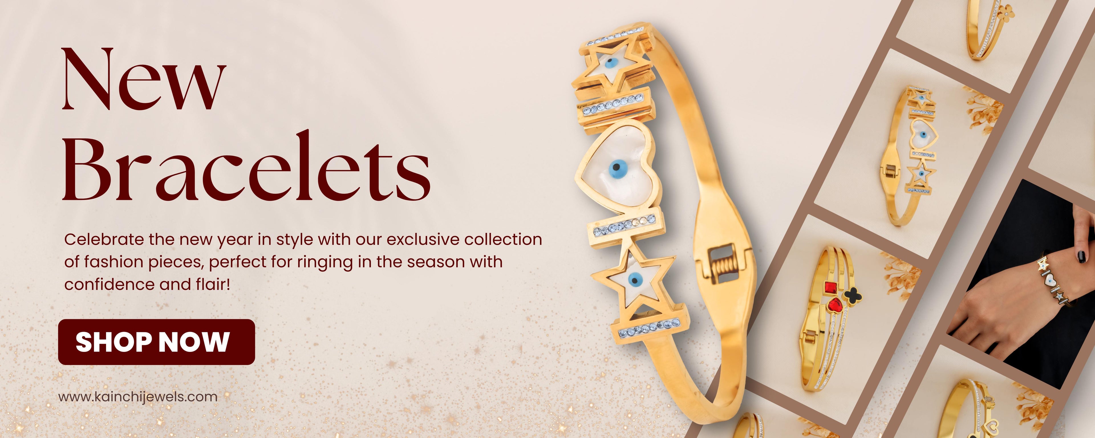 Advertisement for new bracelets with a gold bracelet and text on a beige background