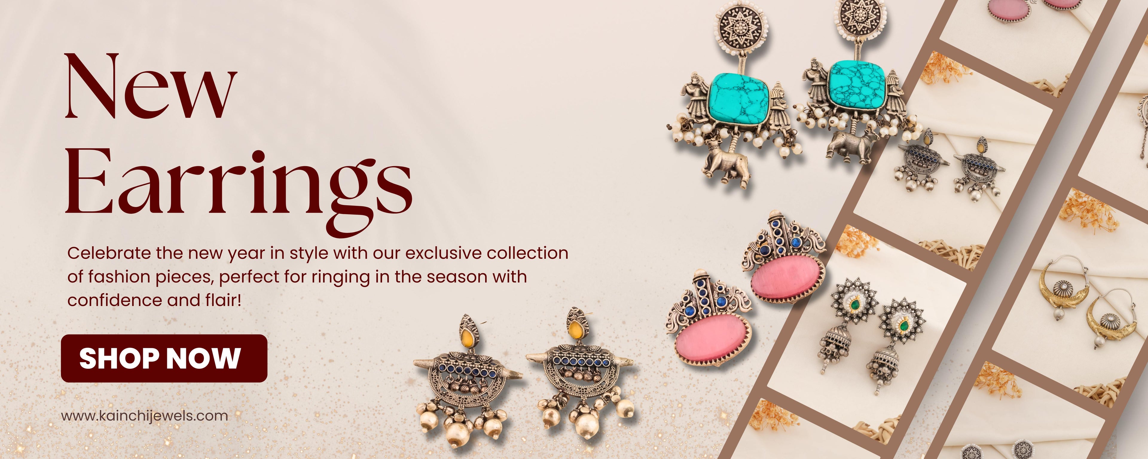 Advertisement for new earrings with a variety of designs on a beige background.