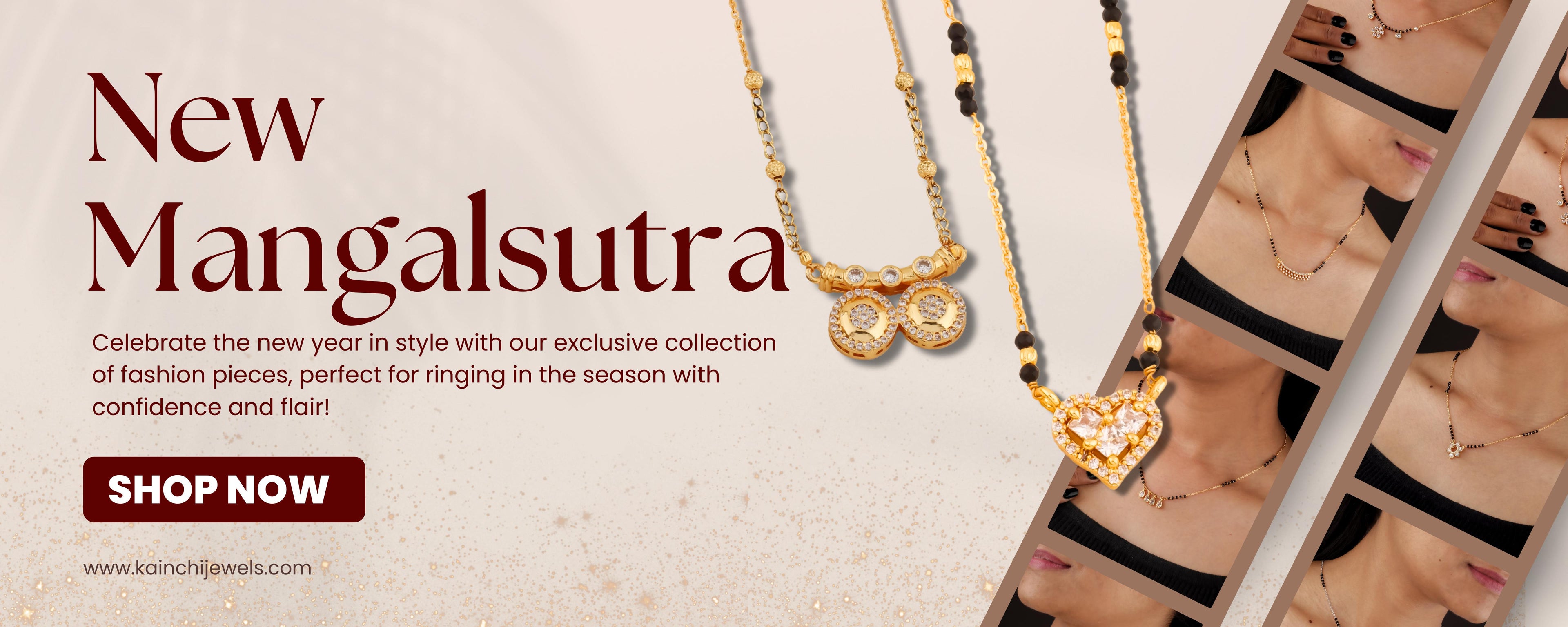 Advertisement for Mangalsutra jewelry with text and product display.